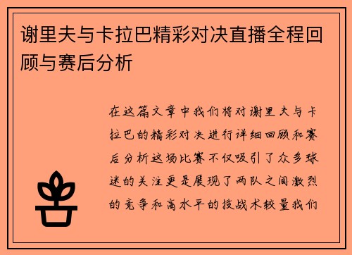 谢里夫与卡拉巴精彩对决直播全程回顾与赛后分析